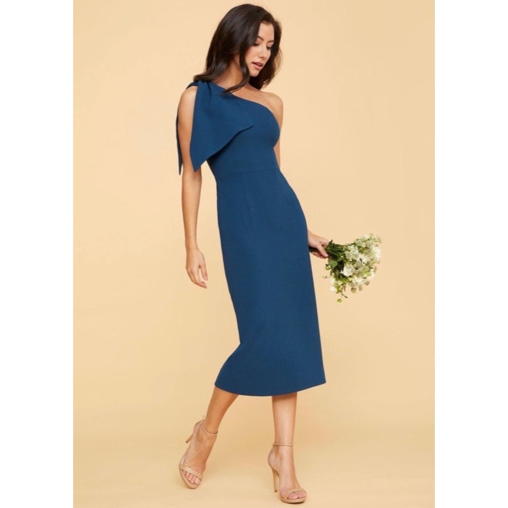 Dress The Population Tiffany Dress XXS Peacock Blue One Shoulder Bow Midi Dress